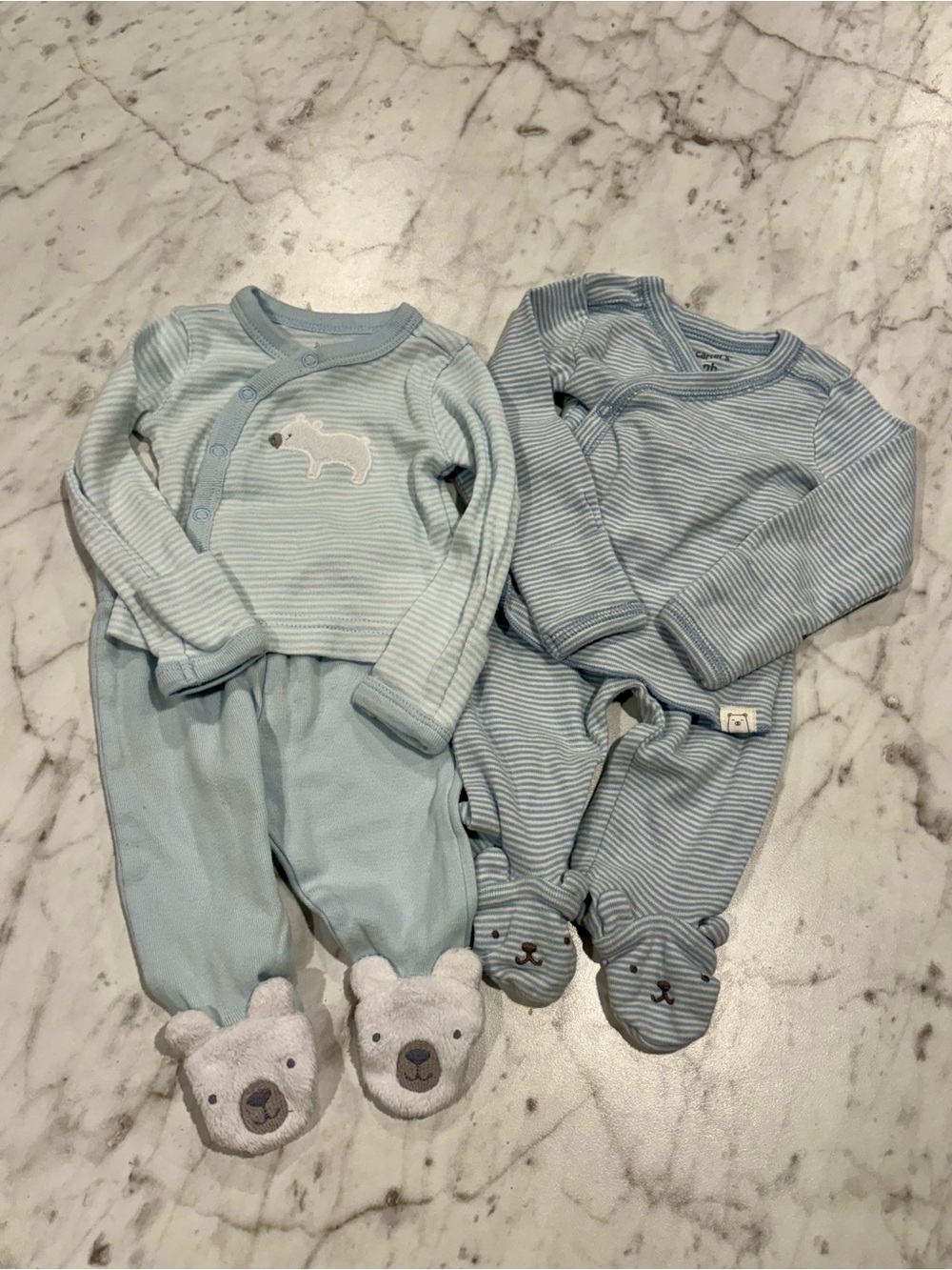 Carter's Baby Light Blue Striped Long Sleeve and Footies Double Set- NB